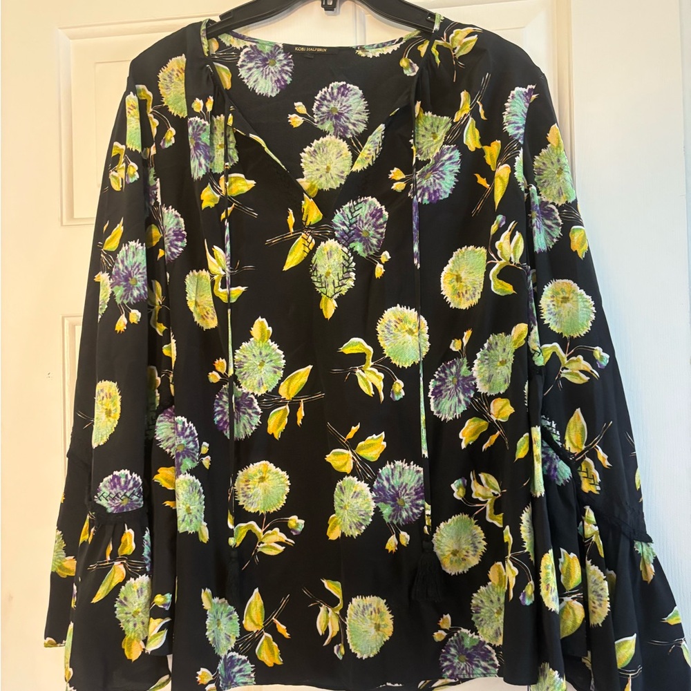 Kobi Halperin Floral Tie-Neck Blouse - Black with Yellow & Green.  Silk Size M